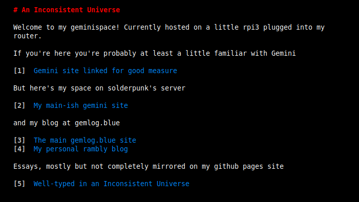 A screenshot of the geminispace page at inconsistentuniverse.space